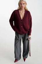 Buttoned V-Neck Burgundy Knit Cardigan