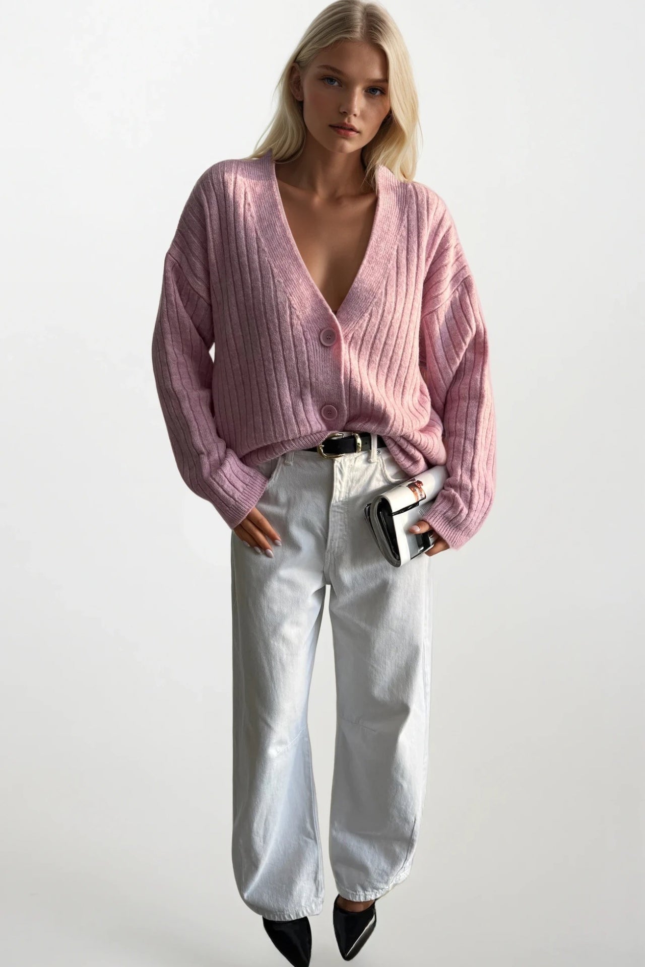 Buttoned V-Neck Pink Knit Cardigan