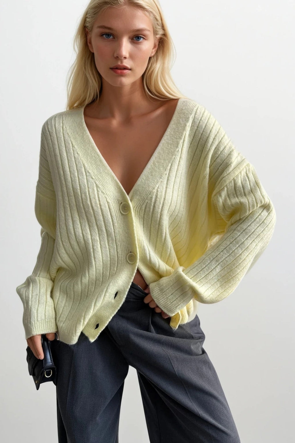 Buttoned V-Neck Yellow Knit Cardigan