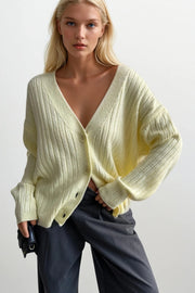 Buttoned V-Neck Yellow Knit Cardigan