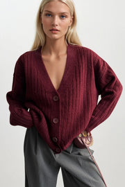 Burgundy Buttoned V-Neck Knit Cardigan