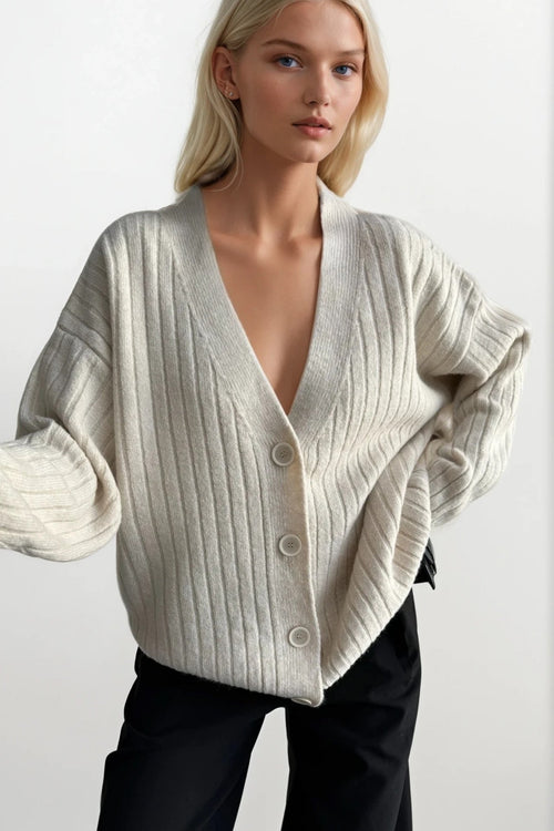 Buttoned V-Neck Ecru Knit Cardigan