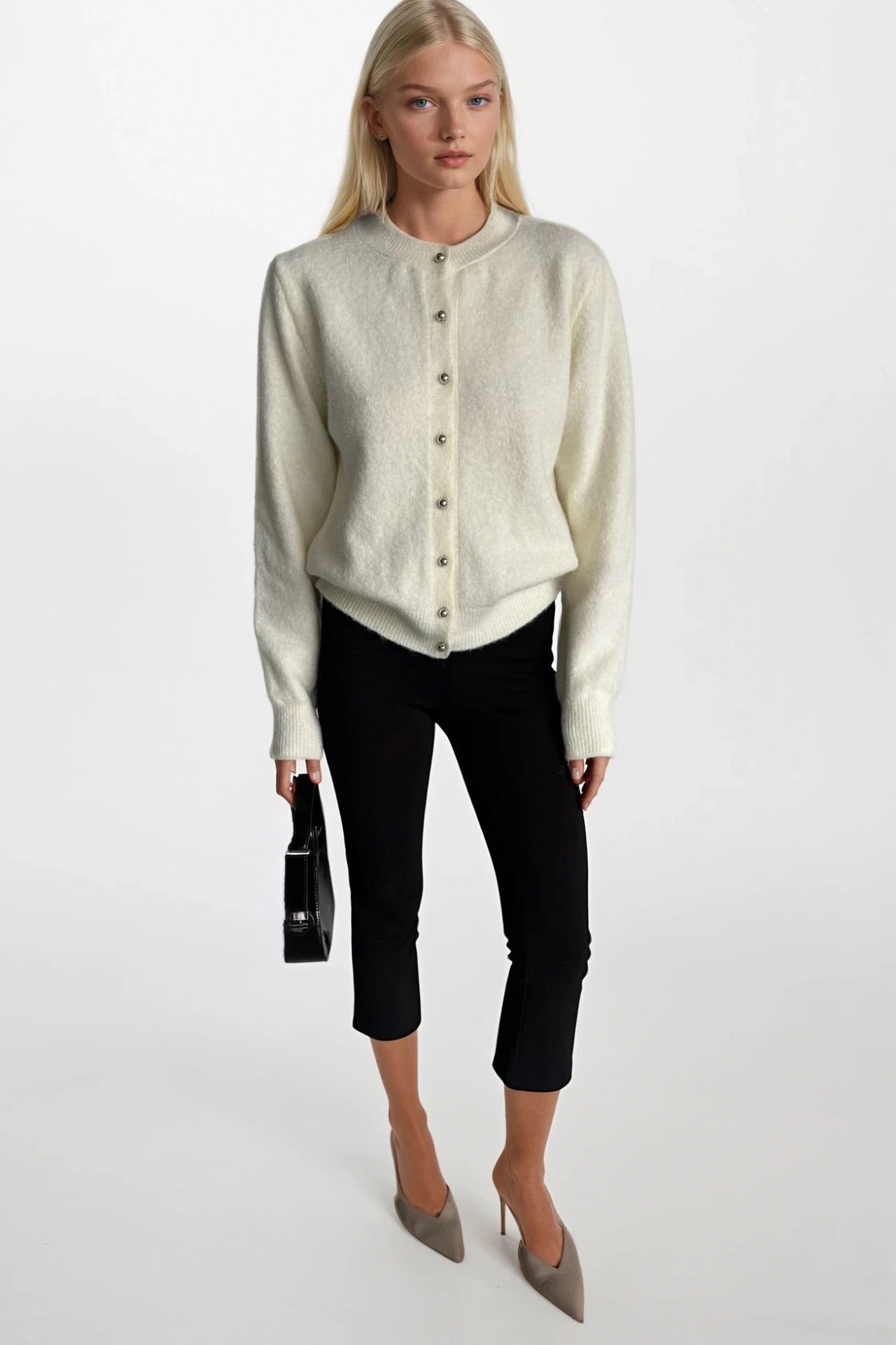 Button Detail Ecru Textured Knit Cardigan