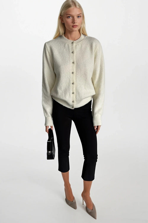 Button Detail Ecru Textured Knit Cardigan