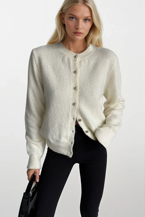 Button Detail Ecru Textured Knit Cardigan