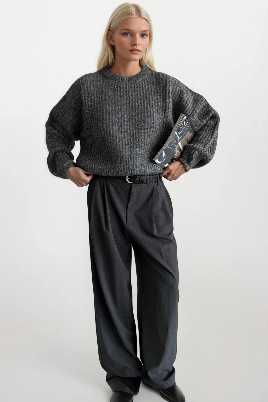 Knit Detail Gray Basic Knit Sweater