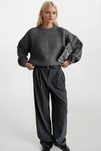 Knit Detail Gray Basic Knit Sweater