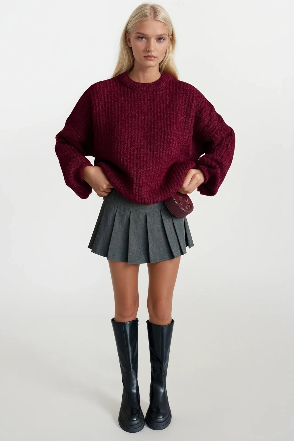 Knit Detail Burgundy Basic Knit Sweater