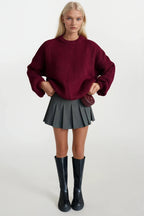 Knit Detail Burgundy Basic Knit Sweater