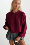 Knit Detail Burgundy Basic Knit Sweater