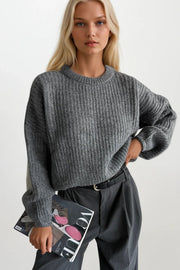 Knit Detail Gray Basic Knit Sweater