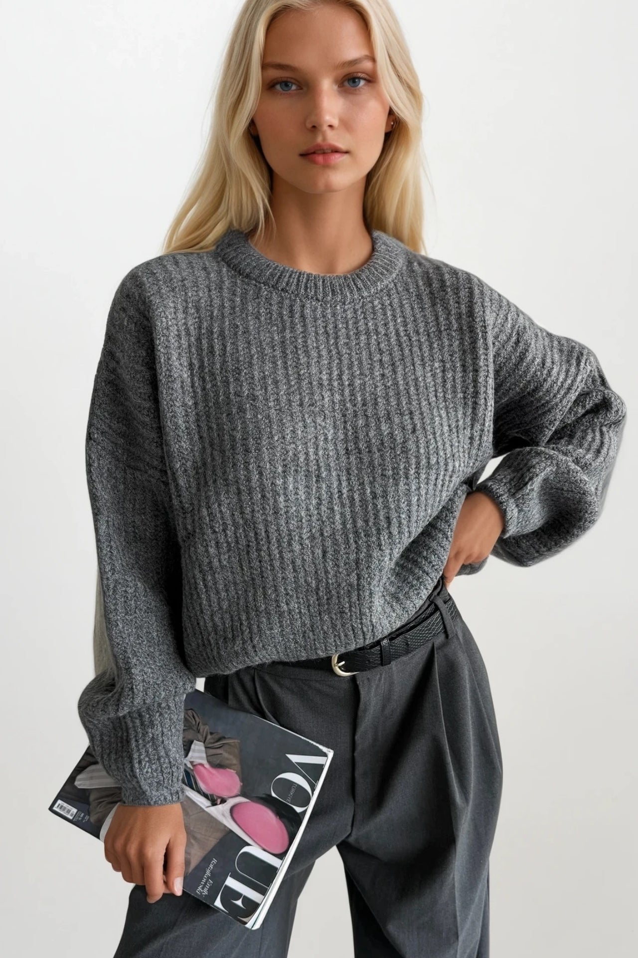 Knit Detail Gray Basic Knit Sweater