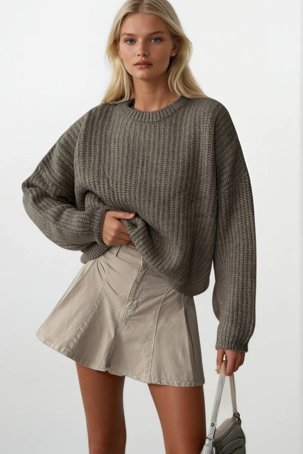 Knit Detail Beige Basic Knit Sweater