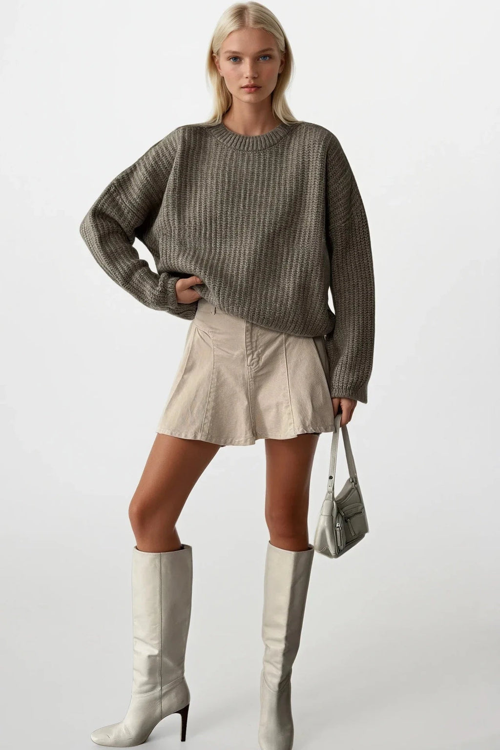 Knit Detail Beige Basic Knit Sweater