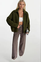 Turtleneck Zipper Detail Khaki Sweater
