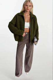 Fisherman's Rib Knitted Jumper with Zip Detail in Khaki