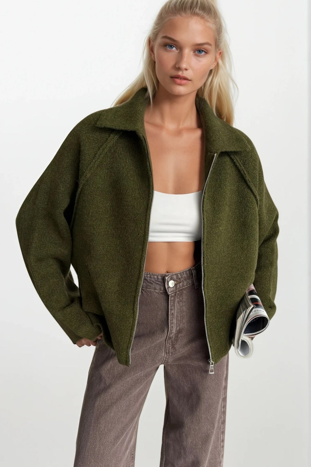 Turtleneck Zipper Detail Khaki Sweater