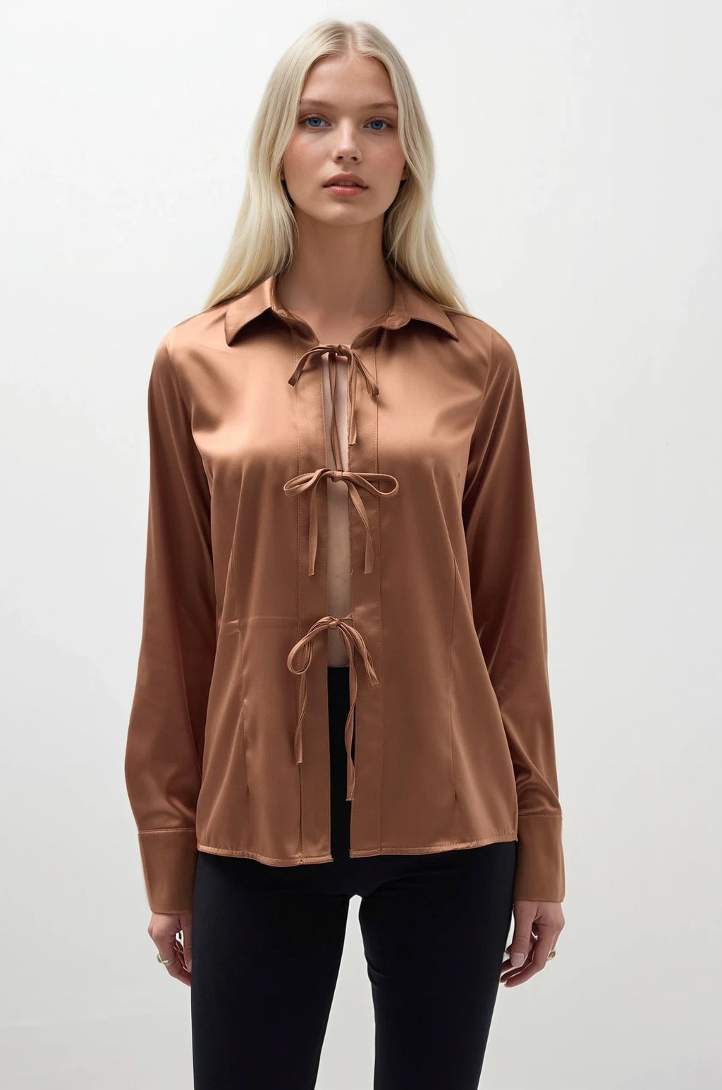 Tie Detail Satin Dark Beige Shirt