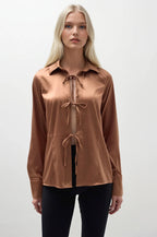 Tie Detail Satin Dark Beige Shirt