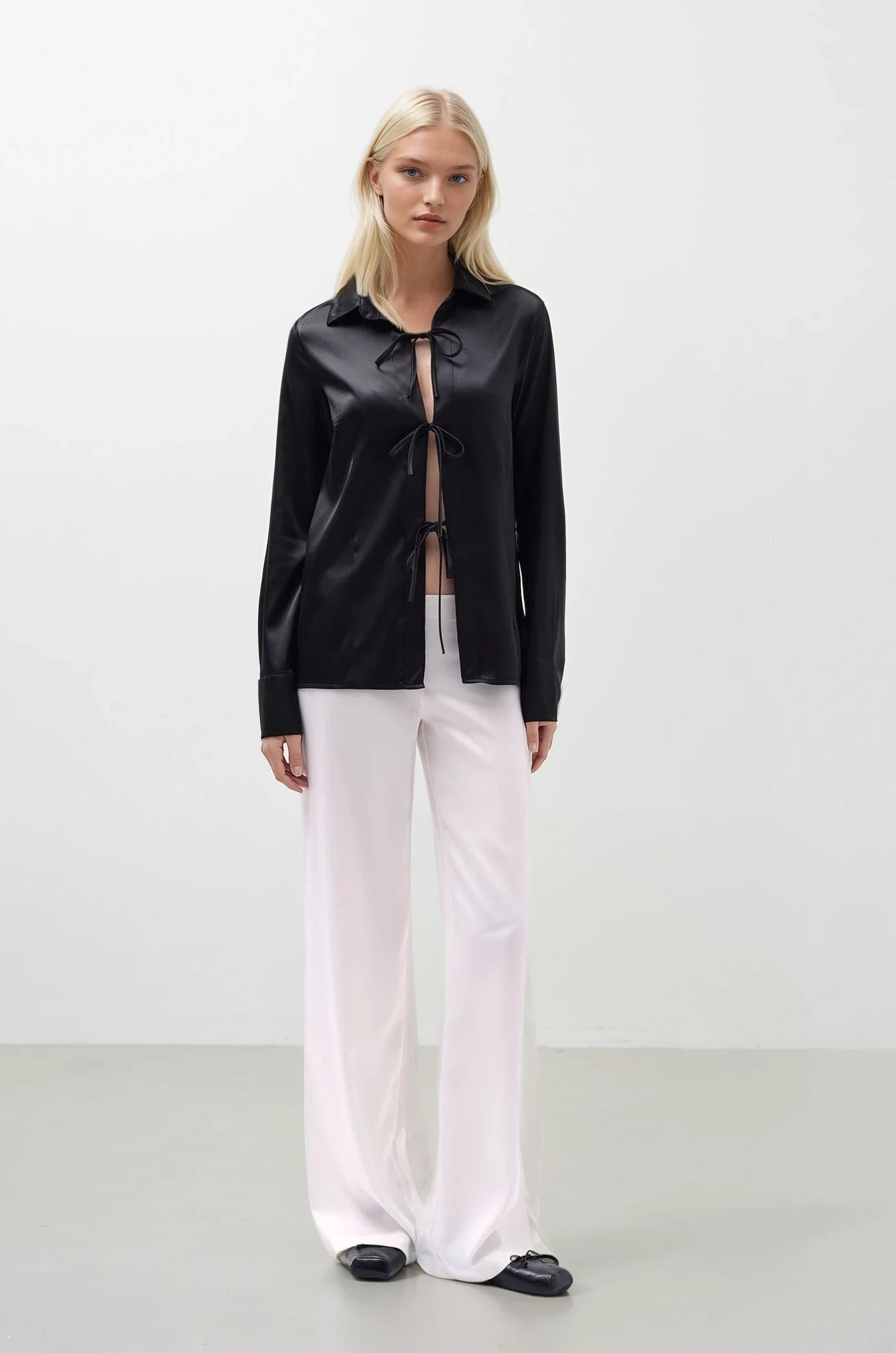 Tie Detail Satin Black Shirt