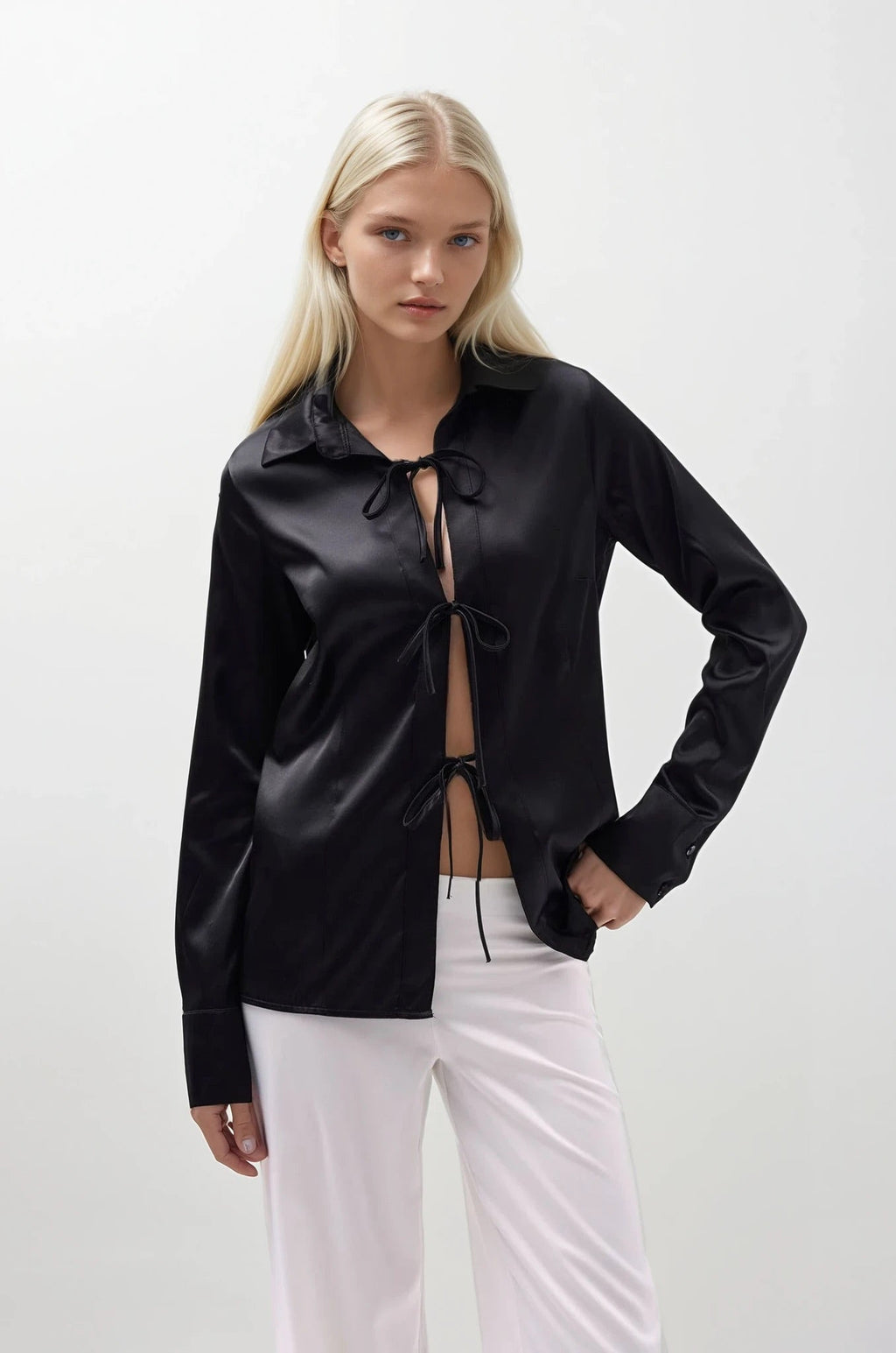 Tie Detail Satin Black Shirt