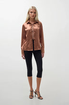 Tie Detail Satin Dark Beige Shirt