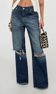 Wide Leg Laser Detail Blue Jeans