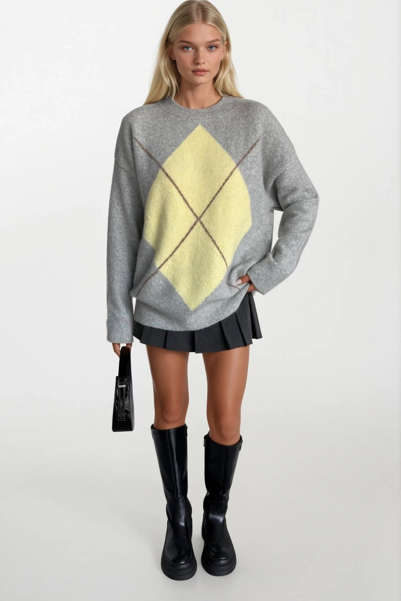 Diamond Pattern Gray Two-Tone Sweater