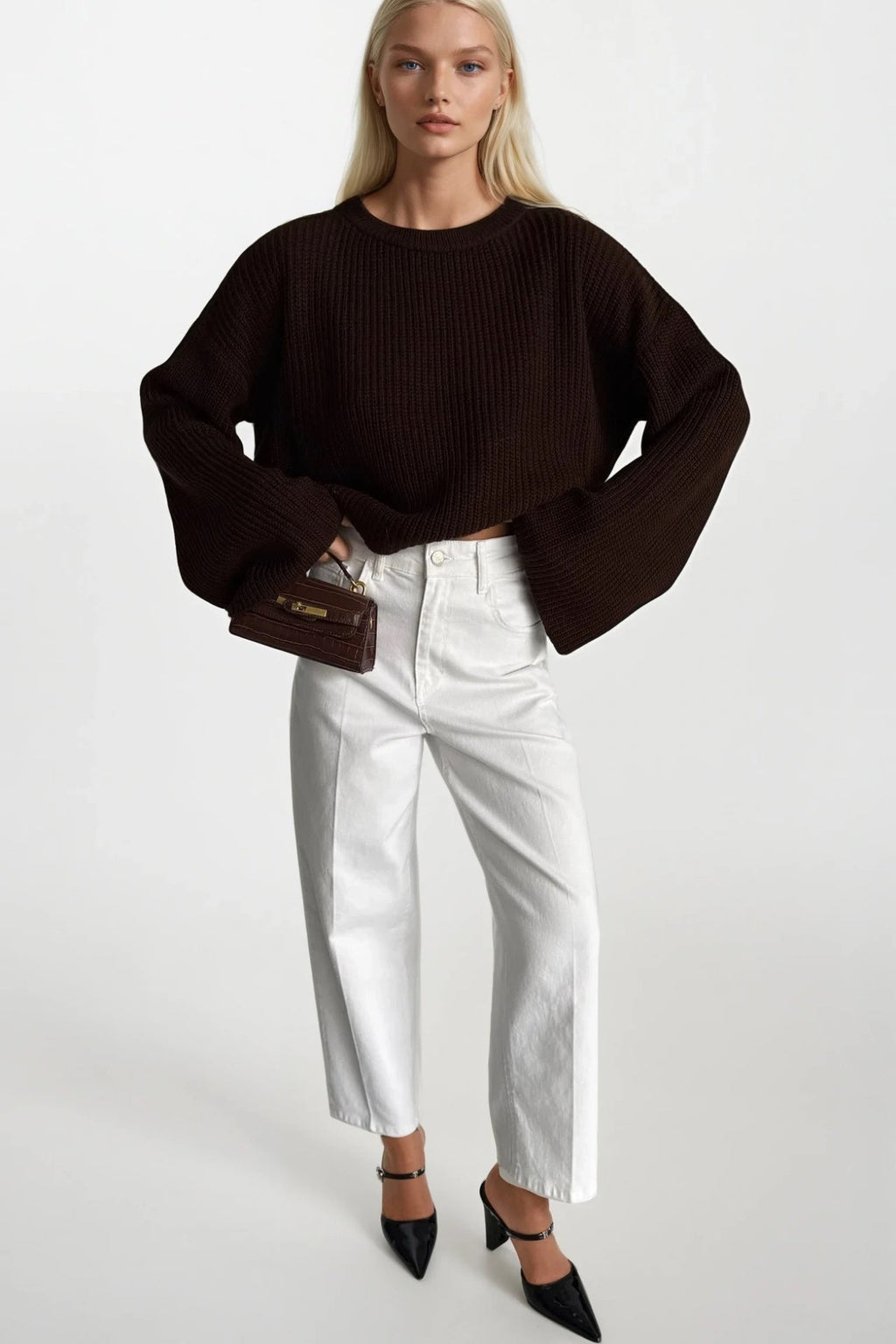 Crew Neck Knit Detail Brown Crop Knit Sweater