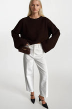Crew Neck Knit Detail Brown Crop Knit Sweater