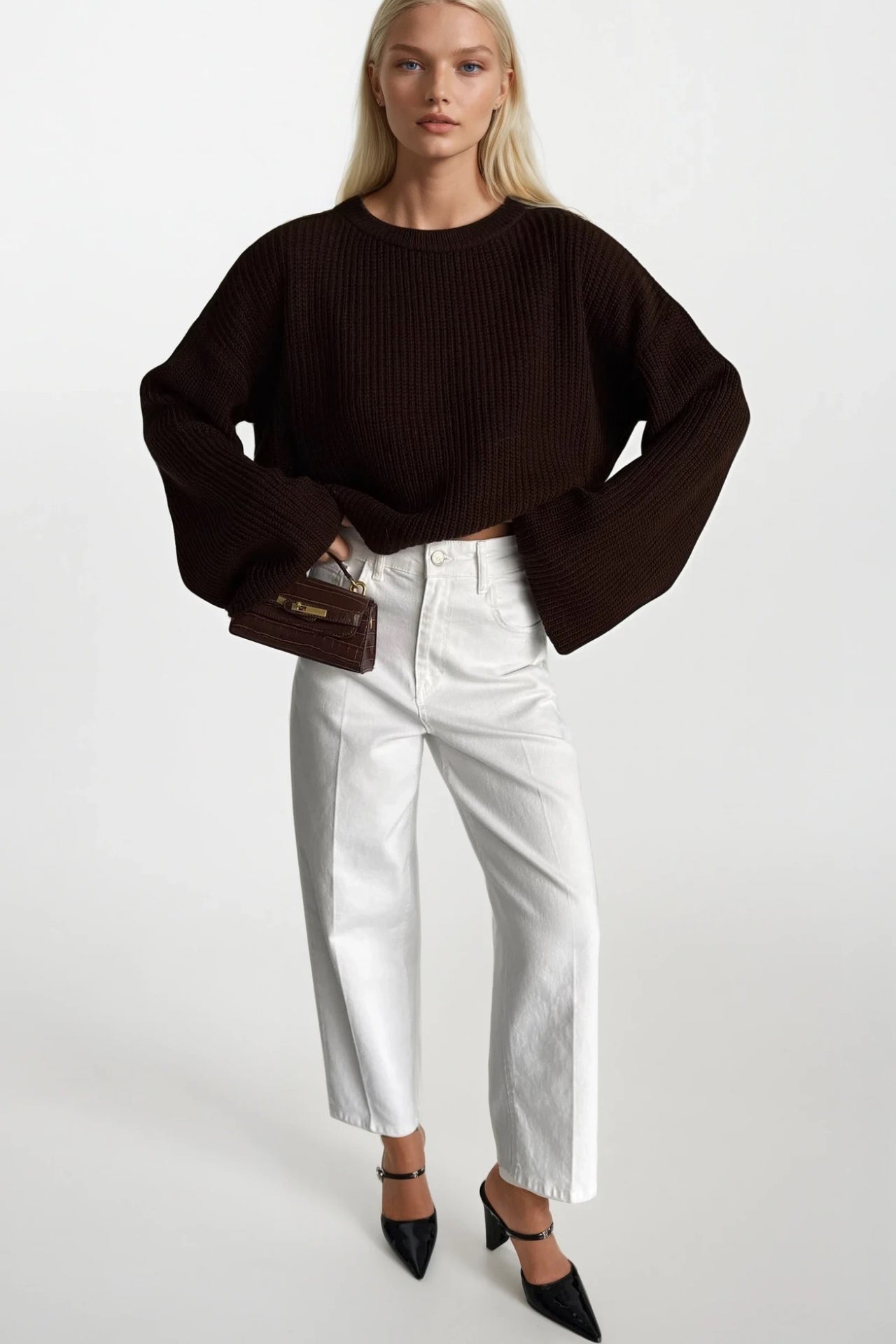 Crew Neck Knit Detail Brown Crop Knit Sweater