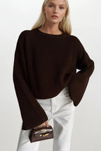 Crew Neck Knit Detail Brown Crop Knit Sweater