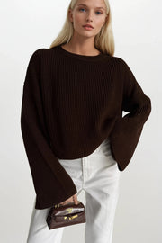 Crew Neck Knit Detail Brown Crop Knit Sweater
