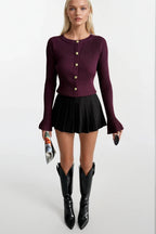Flounce Sleeve Gold Buttoned Crew Neck Burgundy Blouse