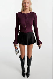 Burgundy Blouse with Ruffled Sleeves, Gold Buttons, and Crew Neck