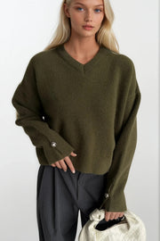V-Neck Cuff Accessory Detail Khaki Knit Sweater