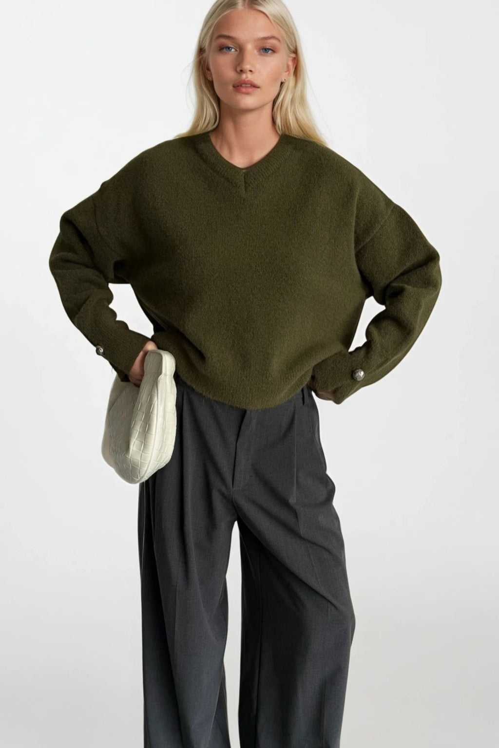 V-Neck Cuff Accessory Detail Khaki Knit Sweater