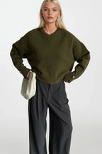 V-Neck Cuff Accessory Detail Khaki Knit Sweater