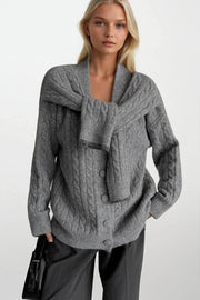 Accessory Detail Braided Gray Knit Cardigan
