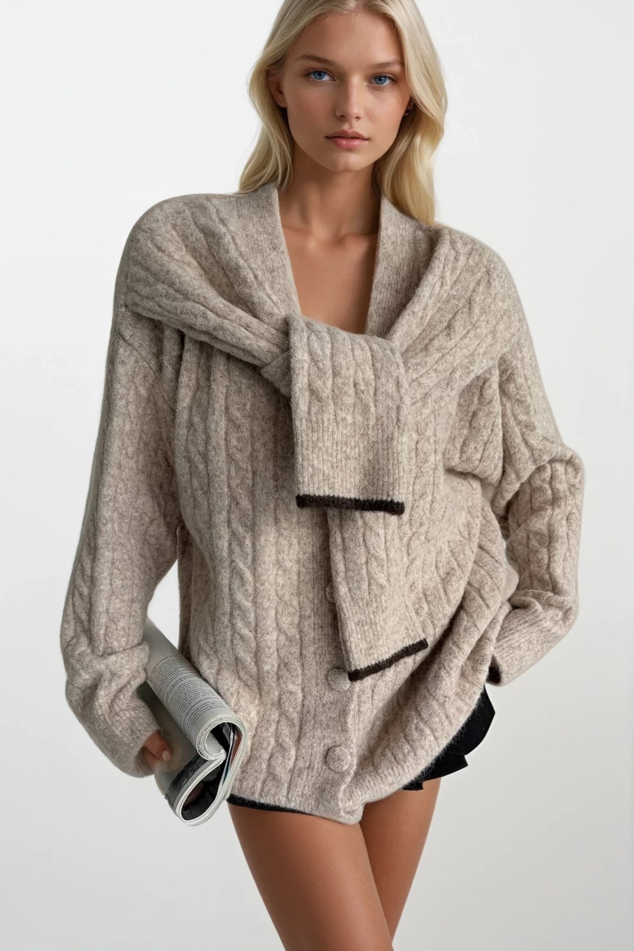 Accessory Detail Braided Knit Beige Knit Cardigan