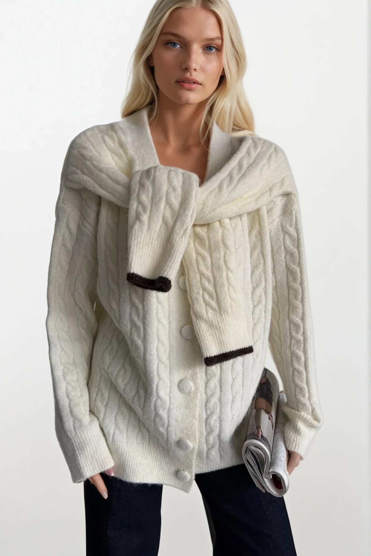 Accessory Detail Braided Knit Ecru Knit Cardigan