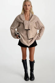 Accessory Detailed Braided Beige Knit Cardigan