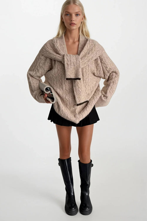 Accessory Detail Braided Knit Beige Knit Cardigan