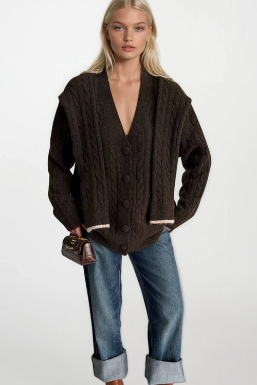 Accessory Detail Braided Knit Brown Knit Cardigan