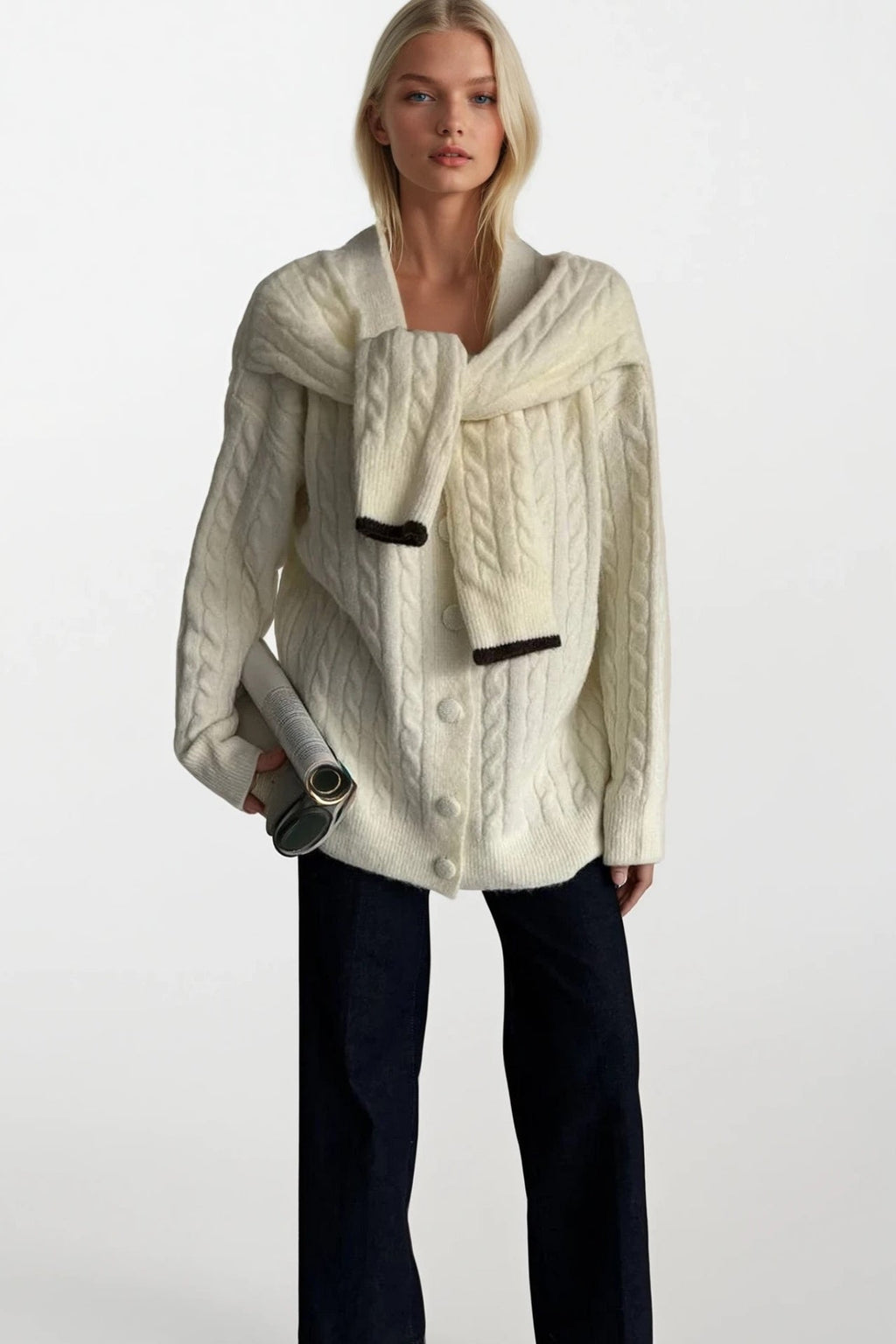 Accessory Detail Braided Knit Ecru Knit Cardigan