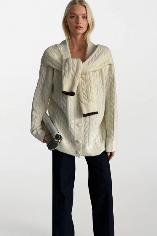 Accessory Detail Braided Knit Ecru Knit Cardigan
