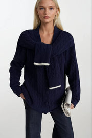 Navy Knitted Cardigan with Braid Accessory Detail