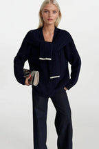 Accessory Detail Braided Knit Navy Knit Cardigan