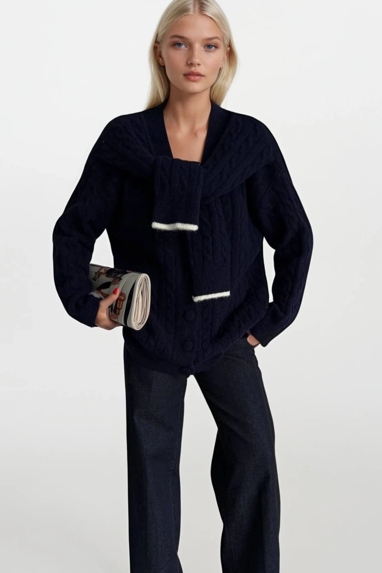 Accessory Detail Braided Knit Navy Knit Cardigan