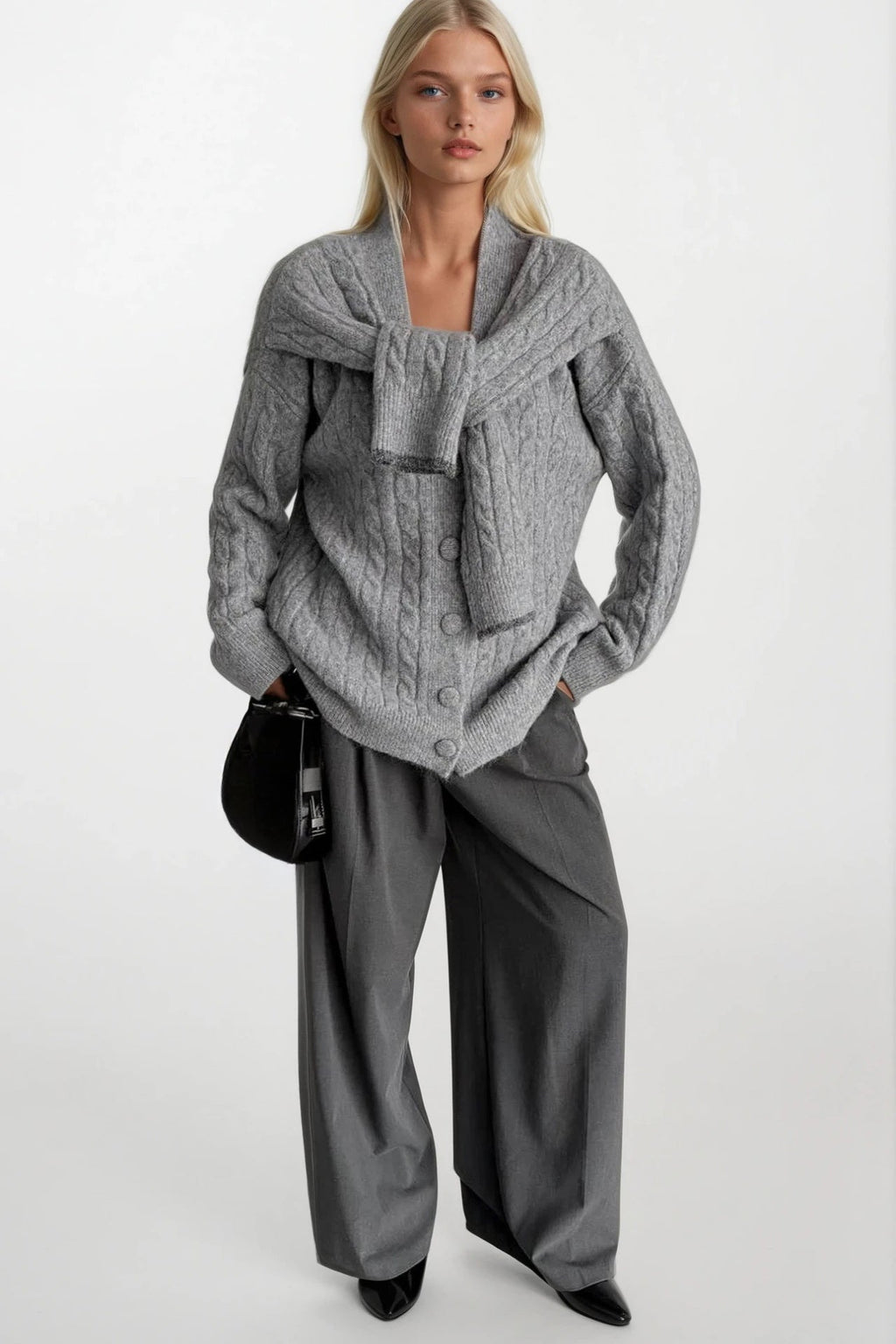 Accessory Detail Braided Knit Gray Knit Cardigan